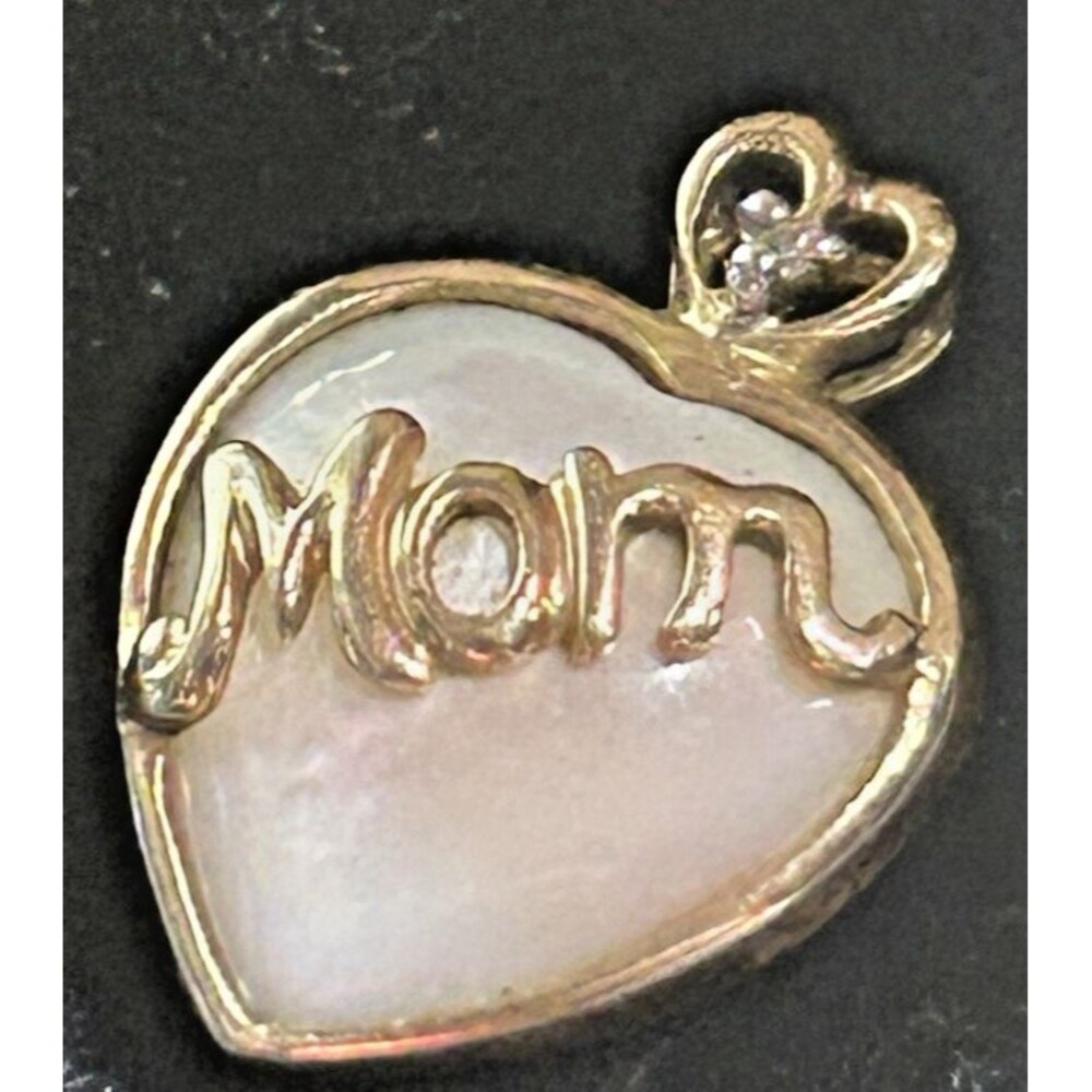 10K Gold / Diamond MOP "Mom" Puffy Heart Pendant Mother of Pearl Minimalist Goth